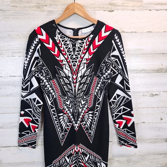 Bisou Bisou Michele Bohbot Geometric Print Bodycon Dress Black Red White 10 - Picture 12 of 16
